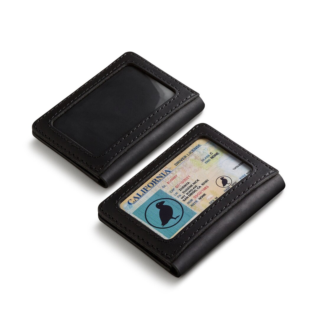 Black Matte Leather Card Wallet With Clear ID Window On The Back Black Matte Leather Card Wallet With Clear ID Window On The Back