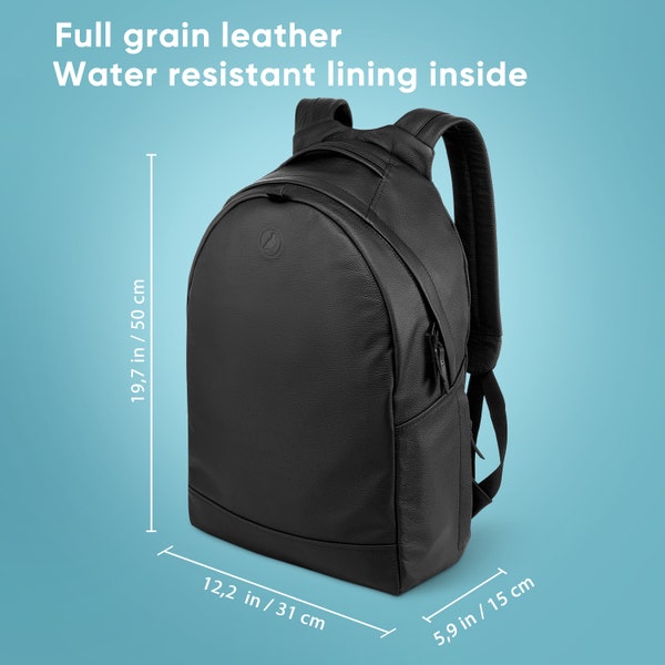 big black leather backpack, large mens minimalistic everyday travel back pack rucksack
