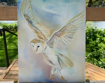 Original Oil Painting on Canvas Board: Barn Owl in Flight