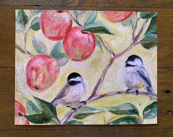 Art Print from Original Oil Painting: Chickadees in Apple Tree