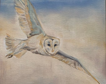 Original Oil Painting on Canvas Board: Barn Owl, Hunting