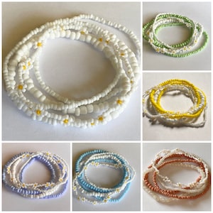 5pcs Pastel Daisy Chain Seed Bead Glass Bracelet Stretch Set Spring Pink white blue green purple yellow gold toho 6/0 11/0 8/0 matte glossy