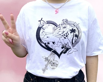 Dolphin Fairy T-Shirt | Y2K Dolphin Butterfly Heart Print Top Illustrated Print Screenprinted Graphic Tee