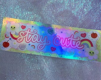 Stay Cute Cake Holographic Vinyl Sticker | Rainbow Holo Decorative Kawaii Sticker Stationery Large Sticker