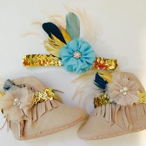 Boho Wild One moccasins boots and matching headband or hair clip image 5