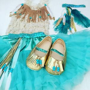 Pocahontas inspired gold glitter moccasins accented with real leather trim and beading