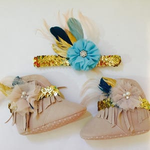 Boho Wild One moccasins boots and matching headband or hair clip image 1