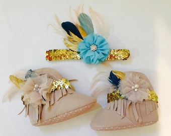 Boho Wild One moccasins boots and matching headband or hair clip