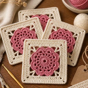 May include: A set of square crochet motifs featuring a central pink floral pattern surrounded by a cream-colored border. The squares are arranged in a stack, accompanied by a gold crochet hook, metal scissors, and balls of pink and cream yarn.