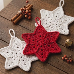 Virkmönster för julstjärnor, virkmönster för julhängande dekorationer, virkmönster för juldekorationer, mönster för julgranskulor