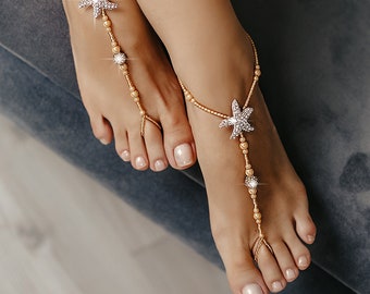Sandales aux pieds nus dorées, bracelet de cheville, bijoux de pied, sandales aux pieds nus de mariage sur la plage, sandales aux pieds nus pour la mariée, sandales sans pieds, cadeau de demoiselle d'honneur