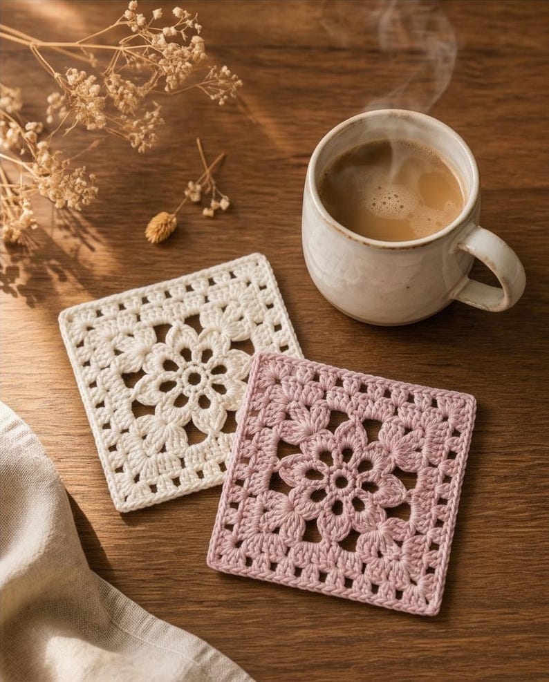 May include: A warm, inviting image featuring a cup of coffee and two handmade crochet coasters. One coaster is off-white, the other is pink. The coasters have a floral design. The coffee cup is ceramic and the background is a wooden surface.