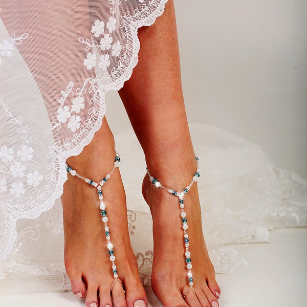 Blue Beaded Barefoot Sandals, Barefoot sandals, Beach wedding Barefoot Sandal, Pearl Barefoot shoes, Bridal Barefoot Sandal, footless sandal