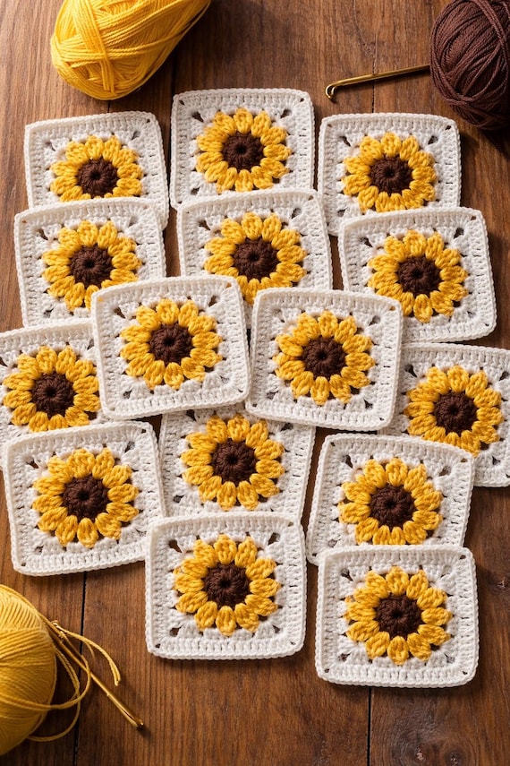 Granny Square Pattern, Crochet Motif Pattern, Crochet Flower, Easy Crochet Motif, Crochet Coaster, Crochet Sunflower, PDF Instant Download