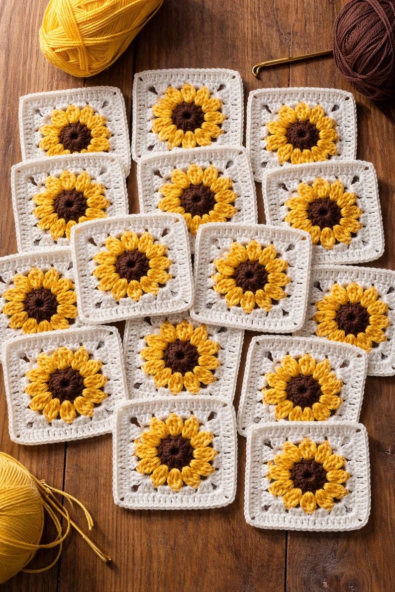 May include: A collection of crocheted sunflower squares in yellow, brown, and white. The squares are arranged on a wooden surface, with balls of yellow and brown yarn visible. The crochet work features a detailed sunflower design.