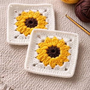 Granny Square Pattern, Crochet Motif Pattern, Crochet Flower, Easy Crochet Motif, Crochet Coaster, Crochet Sunflower, PDF Instant Download image 3