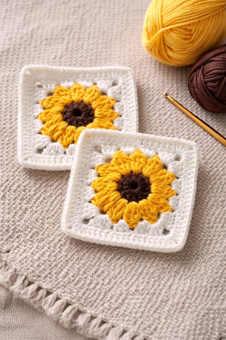 Granny Square Pattern, Crochet Motif Pattern, Crochet Flower, Easy Crochet Motif, Crochet Coaster, Crochet Sunflower, PDF Instant Download image 3