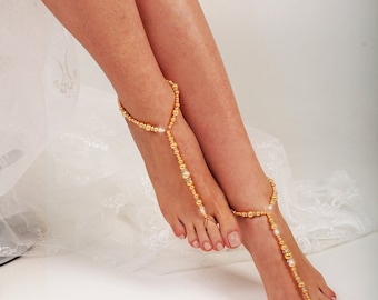 Beaded Barefoot Sandals, Beach wedding Gold Barefoot Sandal, Pearl Bead Gold Barefoot shoes, Gold Sandals, Beach wedding, footless