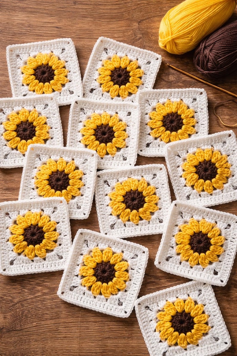 May include: A collection of handmade crochet squares featuring a sunflower design. Each square has a white border with a yellow and brown sunflower in the center. Yarn and a crochet hook are visible in the background.
