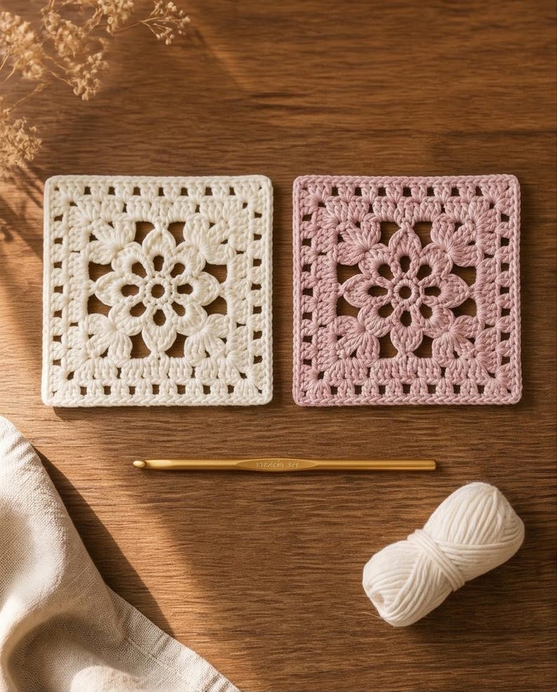 May include: Two square crochet coasters, one cream and one pink, with a floral design. A gold crochet hook and a ball of white yarn are also present. The coasters are on a wooden surface, suggesting a handmade craft theme.