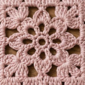 May include: Close-up of a crocheted square in a soft pink hue. The square features a floral design with openwork petals and a central circular opening. The texture of the yarn is visible, creating a tactile appearance. The piece is likely handmade.