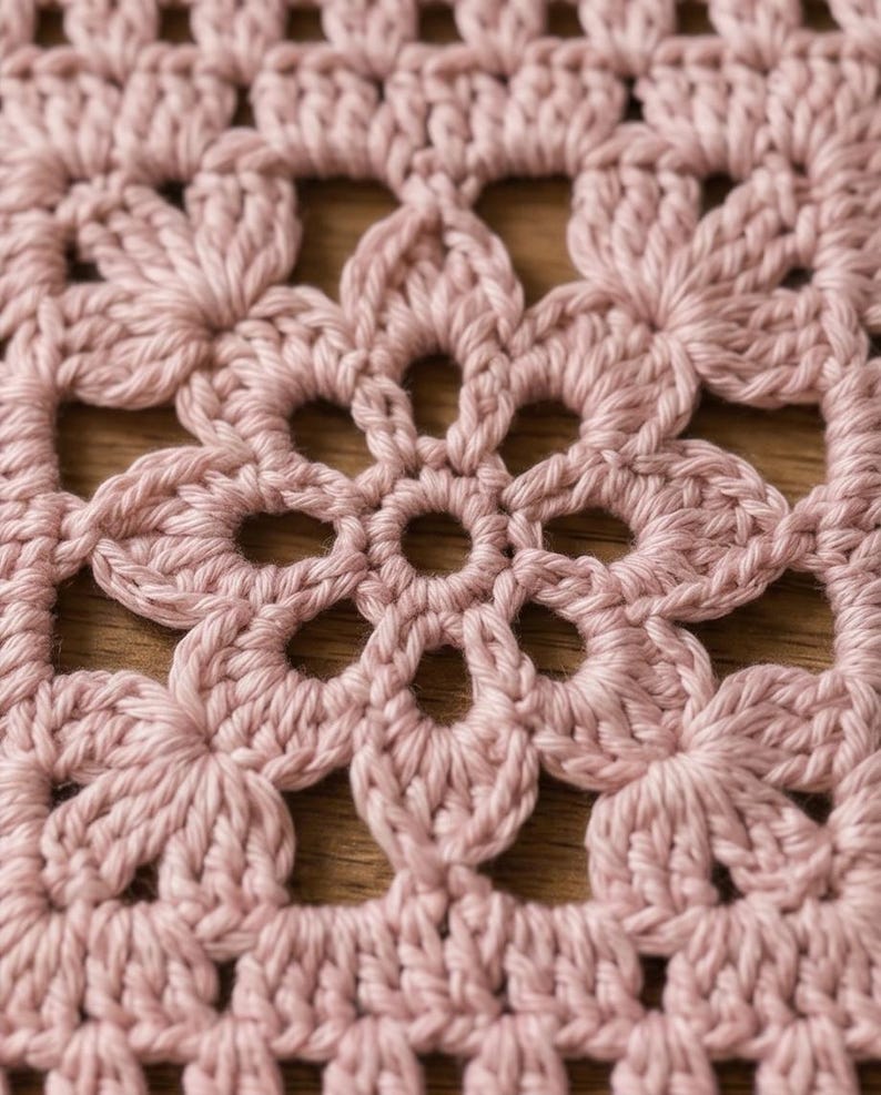 May include: Close-up of a crocheted square in a soft pink hue. The square features a floral design with openwork petals and a central circular opening. The texture of the yarn is visible, creating a tactile appearance. The piece is likely handmade.