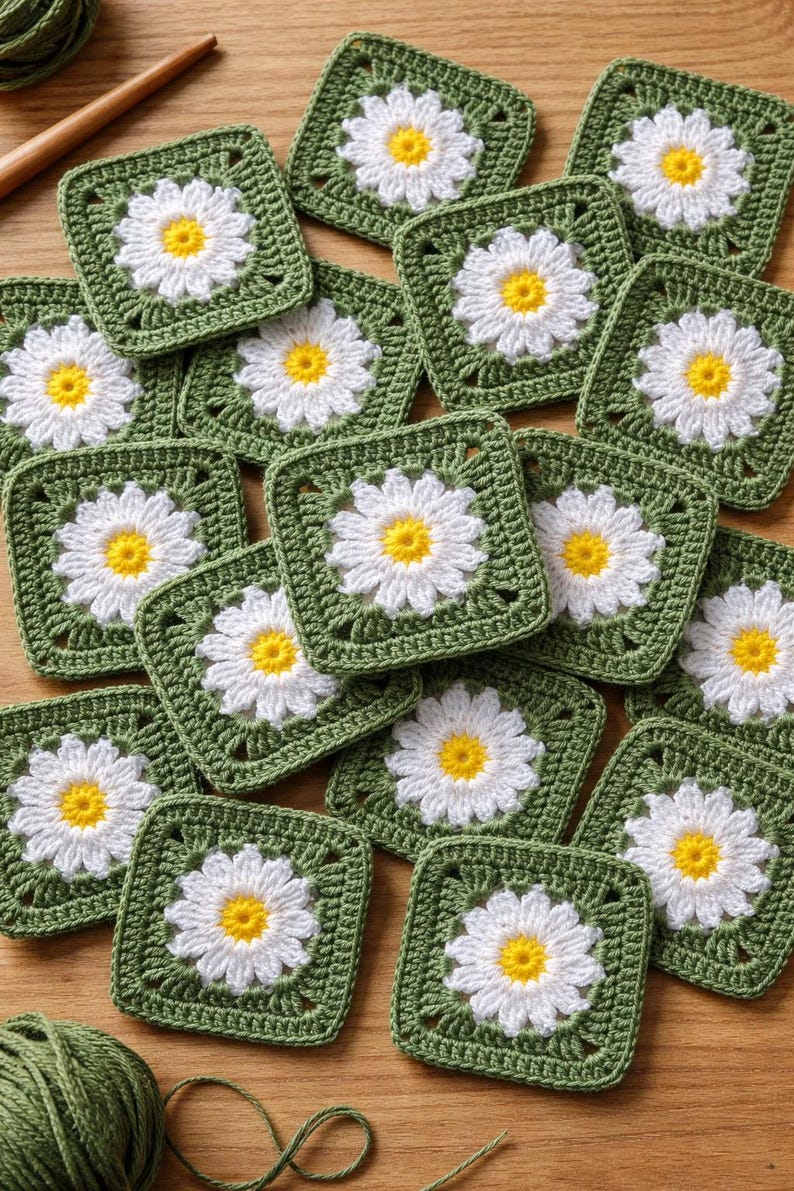 May include: Hand-crocheted daisy squares. Each square features a white daisy with a yellow centre, set within a green border. The squares are arranged on a wooden surface, showing the texture of the yarn.