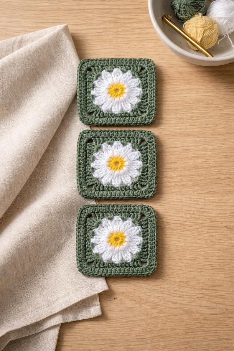 May include: Three square crochet coasters with a daisy design. Each coaster features a white daisy with a yellow centre, set against a green square background. The coasters are handmade and placed on a wooden surface.