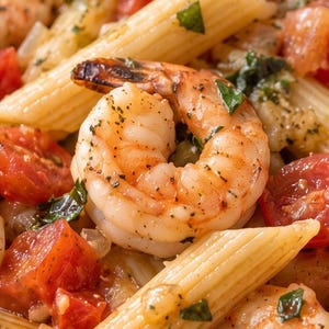 May include: A close-up of a shrimp and penne pasta dish featuring a large, cooked, curled shrimp seasoned with black pepper, surrounded by penne pasta, halved red cherry tomatoes, and small pieces of green herbs in a light sauce.
