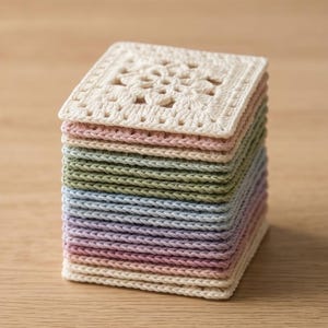May include: A stack of crocheted square coasters in various pastel colors. The top coaster is off-white with a floral design in the center. The stack includes pink, green, blue, and purple coasters, all with a textured appearance.