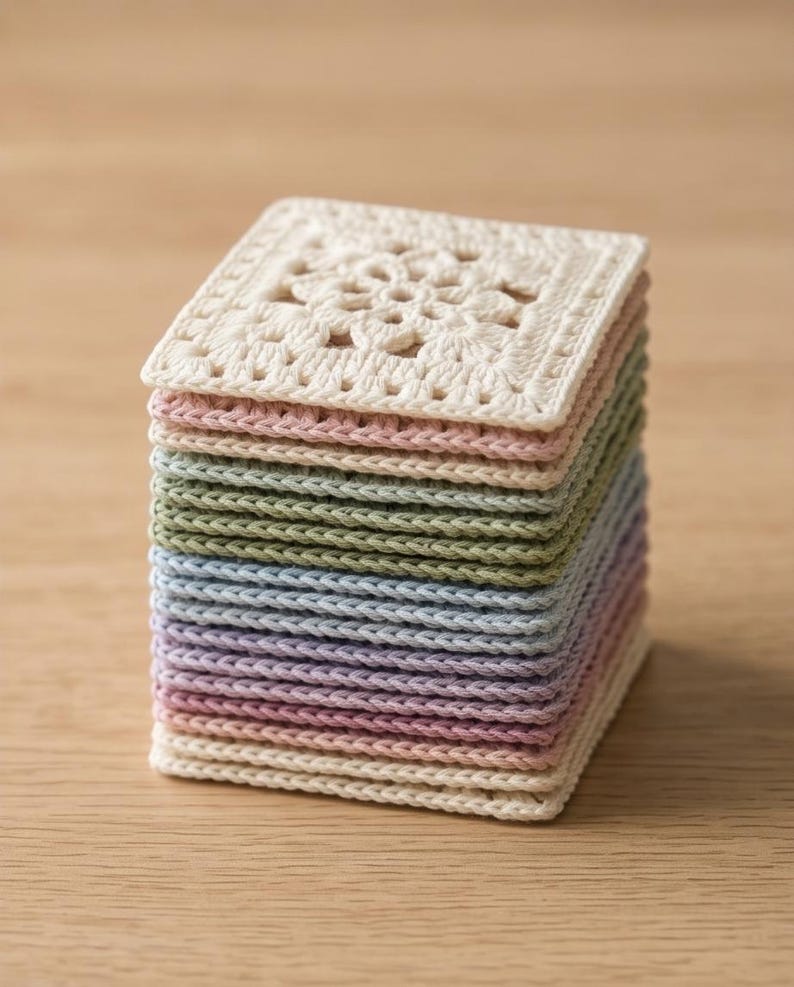May include: A stack of crocheted square coasters in various pastel colors. The top coaster is off-white with a floral design in the center. The stack includes pink, green, blue, and purple coasters, all with a textured appearance.