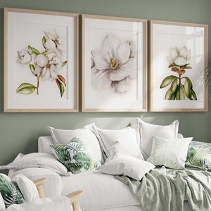 Magnolia Home Decor, Magnolia Wall Art Prints, Above the Bed Wall Art, Magnolia Watercolor Print Set of 3, Master Bedroom Art, Southern Art