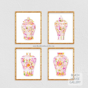 Pink Ginger Jar Prints, Set of 4 ,Palm Beach Style, Preppy Wall Art,  Preppy Wall Art,  Chinoiserie Chic