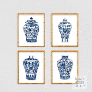 Ginger Jar Prints, Set of 4 , Chinoiserie Blue and White Vases, Preppy Wall Art, Traditional Asian Vase Prints, Chinoiserie Chic Decor