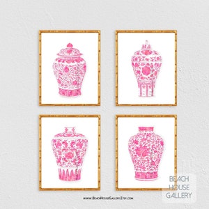 Pink Ginger Jar Prints, Set of 4 , Chinoiserie Chic, Southern Decor, Preppy Wall Art, Pink Chinoiserie Chic Decor, Pink Living Room Art