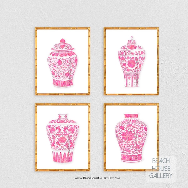 Pink Ginger Jar Prints, Set of 4 , Chinoiserie Chic, Southern Decor, Preppy Wall Art, Pink Chinoiserie Chic Decor, Pink Living Room Art