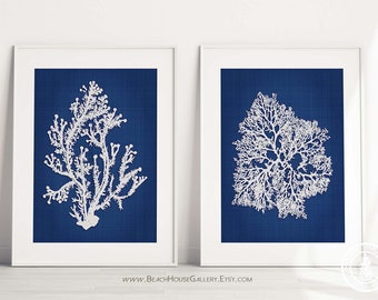 Blue Coral Wall Art, Navy Blue Coral Print, Navy White Wall Art, Navy Blue Home Decor, Coral Print, Set of Two Prints, Custom Colors