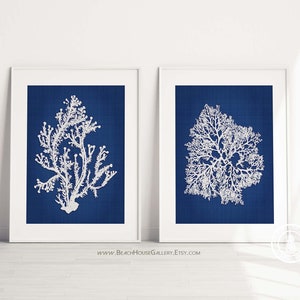 Blue Coral Wall Art, Navy Blue Coral Print, Navy White Wall Art, Navy Blue Home Decor, Coral Print, Set of Two Prints, Custom Colors