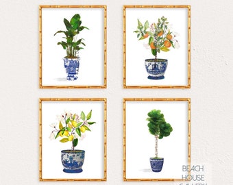 Chinoiserie Ginger Jar Prints with Palms, Set of 4 Prints, Blue White Ginger Jar Set, Chinoiserie Decor Print, Lemon Tree Preppy Wall Art,