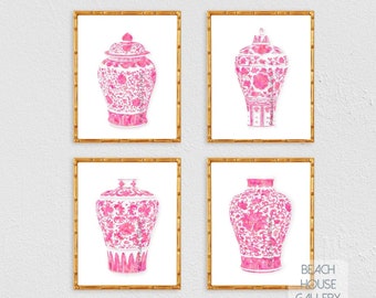 Pink Chinoiserie Ginger Jar Prints, Set of 4: Southern Decor Wall Art