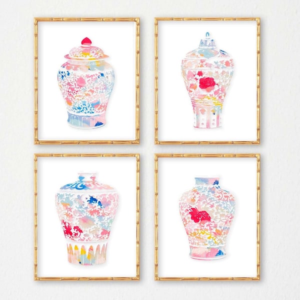 Chinoiserie Ginger Jar Prints: Pink & Blue Southern Decor (Set of 4)