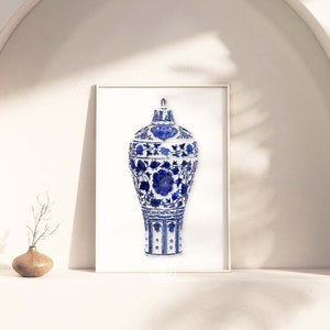 Blue and White Chinoiserie, Ginger Jar Art, Palm Beach Chic, Chinoiserie Decor,  Blue White Vase Print, Chinese Pottery Print, Asian Vase
