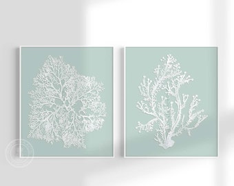 Sage Wall Art, Palladian Blue Art, Sea Foam Green, Coral Print Set, Palladian Blue Wall Art, Bathroom Wall Art, Bedroom Wall Art, Set of 2