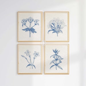 Blue White Botanical Wall Art Set of 4 Prints, Blue Botanical Art, Woodland Foliage, Blue Botanical, Floral Wall Art, Blue White Leaves