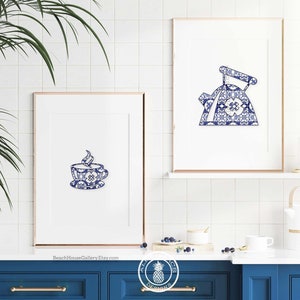 Blue White Kitchen Art, Housewarming Gift for Tea Lover, Blue White China Wall Art, Blue Tea Cup Print, Chinoiserie Kitchen Decor, Breakfast