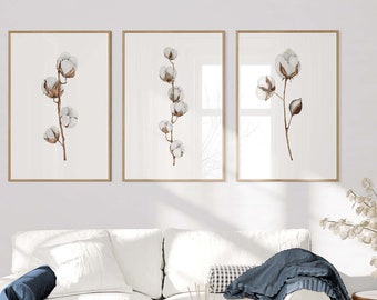 White Wall Art, Southern Decor, Minimalist Bedroom Art, Cotton Watercolor Print, White and Neutral Wall Art, Neutral Botanical Prints