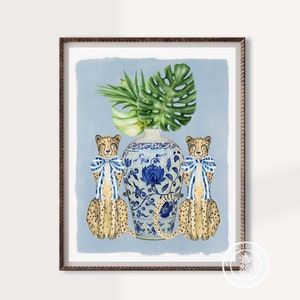 Blue Ginger Jar Print with Cheetah, Chinoiserie Wall Art, Ginger Jar Print, Beach House Gallery, Palm Beach Chic Decor, Grandmillennial Art