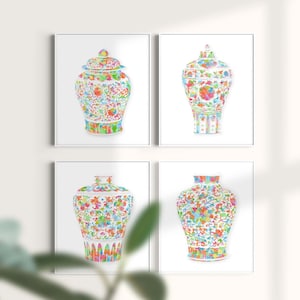 Colorful Ginger Jar Prints, Set of 4 , Chinoiserie Chic Wall Art, Southern Decor, Bright Chinoiserie Decor, Vibrant Ginger Jar Set,