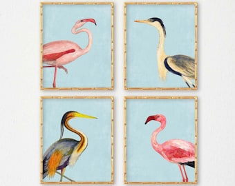 Light Blue Coastal Bird Prints: Florida Beach House Wall Art, Set of 4