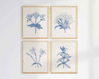 Blue Botanical Art Prints: 19th Century Style, Set of 4